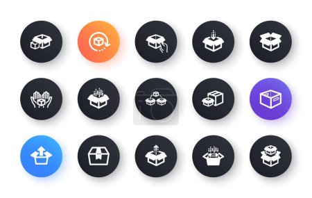 Illustration for Box icons. Package, delivery boxes, cargo box. Cargo distribution, export boxes, return parcel icons. Shipment of goods, open package. Classic set. Circle web buttons. Vector - Royalty Free Image