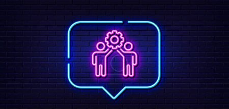 Illustration for Neon light speech bubble. Employees teamwork line icon. Collaboration sign. Development partners symbol. Neon light background. Employees teamwork glow line. Brick wall banner. Vector - Royalty Free Image