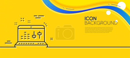 Illustration for Sound check line icon. Abstract yellow background. DJ controller sign. Musical app on laptop symbol. Minimal sound check line icon. Wave banner concept. Vector - Royalty Free Image