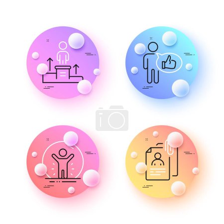 Illustration for Like, Interview documents and Business podium minimal line icons. 3d spheres or balls buttons. Recovered person icons. For web, application, printing. Thumbs up, Cv attachment, Nomination. Vector - Royalty Free Image