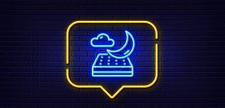 Illustration for Neon light speech bubble. Night mattress line icon. Orthopedic sleeping pad sign. Breathable sleep bed symbol. Neon light background. Night mattress glow line. Brick wall banner. Vector - Royalty Free Image