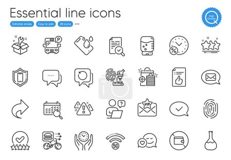 Illustration for Safe time, Message and Search calendar line icons. Collection of Approved message, Wallet, Dating icons. Share, Fingerprint, Recovery data web elements. Smartphone protection, Inspect. Vector - Royalty Free Image