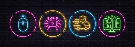 Illustration for Security lock, Transport insurance and Swipe up minimal line icons. Neon laser 3d lights. Creative design icons. For web, application, printing. Cyber network, Full coverage, Scrolling page. Vector - Royalty Free Image