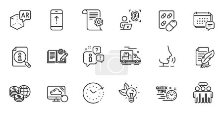 Outline set of Message, Feather signature and Engineering documentation line icons for web application. Talk, information, delivery truck outline icon. Vector