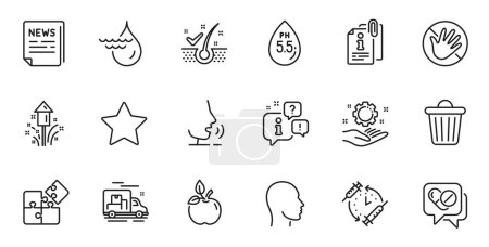 Illustration for Outline set of Fake news, Attached info and Vaccination schedule line icons for web application. Talk, information, delivery truck outline icon. Vector - Royalty Free Image
