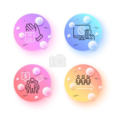 Illustration for Teamwork, Puzzle and Queue minimal line icons. 3d spheres or balls buttons. Online shopping icons. For web, application, printing. Employees chat, Jigsaw game, People waiting. Black friday. Vector - Royalty Free Image