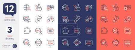 Illustration for Set of Chemical formula, 360 degree and Seo analysis line icons. Include New products, Stay home, Fake news icons. Chemistry experiment, International copyright, Puzzle web elements. Vector - Royalty Free Image