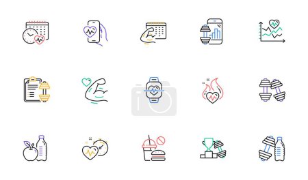 Illustration for Fitness time line icons. Bike Workout, Strong Muscle Arm, Gym fit dumbbell. Training analysis, Workout plan and Cardio exercise line icons. Dumbbell sport equipment, Healthy food, Muscle. Vector - Royalty Free Image