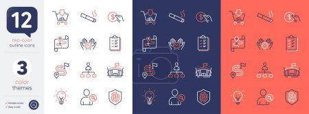 Illustration for Set of Shopping, Safe time and Checklist line icons. Include Map, Payment, Arena icons. Journey, Energy, Fingerprint web elements. Find user, Smoking, Management. For web, application. Vector - Royalty Free Image