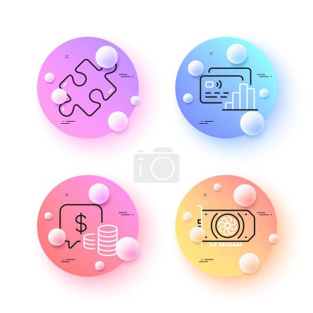 Illustration for Coins, Card and Puzzle minimal line icons. 3d spheres or balls buttons. Gpu icons. For web, application, printing. Money investment, Bank payment, Jigsaw game. Graphic card. Vector - Royalty Free Image