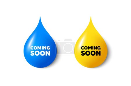 Ilustración de Paint drop 3d icons. Coming soon tag. Promotion banner sign. New product release symbol. Yellow oil drop, watercolor blue blob. Coming soon promotion. Vector - Imagen libre de derechos