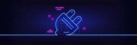 Illustration for Neon light glow effect. Electric plug line icon. Energy sign. Electricity power symbol. 3d line neon glow icon. Brick wall banner. Electric plug outline. Vector - Royalty Free Image
