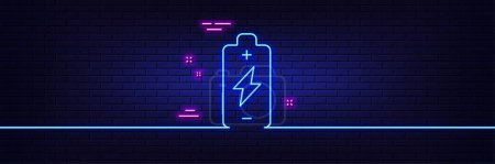 Illustration for Neon light glow effect. Battery charging line icon. Electricity energy type sign. Lightning bolt symbol. 3d line neon glow icon. Brick wall banner. Battery charging outline. Vector - Royalty Free Image