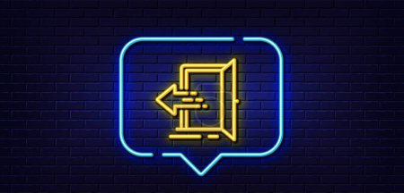 Illustration for Neon light speech bubble. Entrance line icon. Entry door sign. Building exit symbol. Neon light background. Entrance glow line. Brick wall banner. Vector - Royalty Free Image