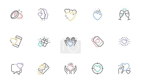 Illustration for Love line icons. Gift box, Heart and Romantic letter. Wedding rings, glasses with champagne, love heart icons. Linear set. Bicolor outline web elements. Vector - Royalty Free Image