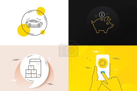 Illustration for Minimal set of Recycle, Mobile inventory and Car line icons. Phone screen, Quote banners. Saving money icons. For web development. Recycling waste, Warehouse app, Transport. Piggy bank. Vector - Royalty Free Image