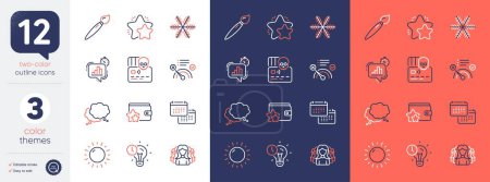 Illustration for Set of No internet, Cyber attack and Star line icons. Include Women group, Brush, Calendar icons. Loyalty program, Speech bubble, Snowflake web elements. Sunny weather, Statistics timer. Vector - Royalty Free Image