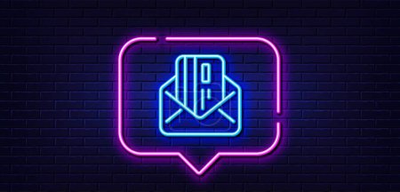 Illustration for Neon light speech bubble. Credit card by mail line icon. Payment sign. Finance symbol. Neon light background. Credit card glow line. Brick wall banner. Vector - Royalty Free Image