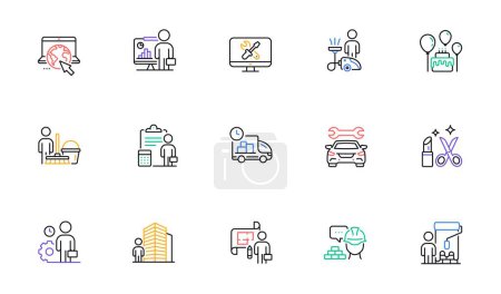 Téléchargez les illustrations : Professional services line icons. Car repair, Home cleaning, Engineering service line icons. Builder and Painter, Wrench tool with hammer, Car service. Birthday party events. Vector - en licence libre de droit