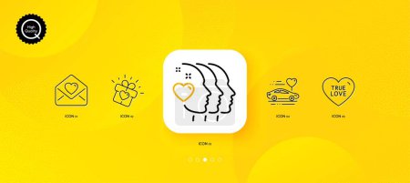 Téléchargez les illustrations : Love gift, Love letter and Friends couple minimal line icons. Yellow abstract background. Honeymoon travel icons. For web, application, printing. Heart present, Heart, Friendship. Car trip. Vector - en licence libre de droit