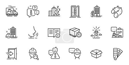 Illustration for Outline set of Skyscraper buildings, Technical info and Delivery timer line icons for web application. Talk, information, delivery truck outline icon. Include Door, Inspect, Open box icons. Vector - Royalty Free Image