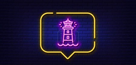 Illustration for Neon light speech bubble. Lighthouse line icon. Searchlight tower sign. Beacon symbol. Neon light background. Lighthouse glow line. Brick wall banner. Vector - Royalty Free Image