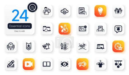 Illustration for Set of Business flat icons. T-shirt, Receive file and Biometric eye elements for web application. Remove image, Safe water, Video camera icons. Ceiling lamp, Megaphone, Vip timer elements. Vector - Royalty Free Image