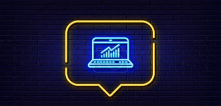 Illustration for Neon light speech bubble. Data Analysis and Statistics line icon. Report graph or Chart sign. Computer data processing symbol. Neon light background. Online statistics glow line. Vector - Royalty Free Image