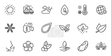 Ilustración de Outline set of Leaves, Mint leaves and Water care line icons for web application. Talk, information, delivery truck outline icon. Include Brazil nut, Organic tested, Windy weather icons. Vector - Imagen libre de derechos
