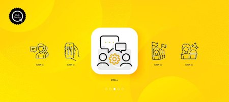 Téléchargez les illustrations : Cleaning, Engineering team and Feminism minimal line icons. Yellow abstract background. People, Restaurant app icons. For web, application, printing. Maid service, Teamwork, Women protest. Vector - en licence libre de droit