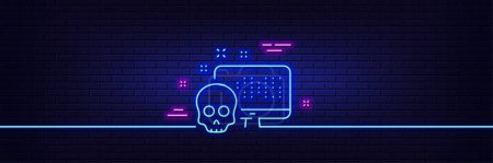Illustration for Neon light glow effect. Cyber attack line icon. Ransomware threat sign. Computer phishing virus symbol. 3d line neon glow icon. Brick wall banner. Cyber attack outline. Vector - Royalty Free Image