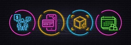 Illustration for Online shopping, Teamwork and Augmented reality minimal line icons. Neon laser 3d lights. Delivery icons. For web, application, printing. Phone buying, Employees chat, Virtual reality. Vector - Royalty Free Image