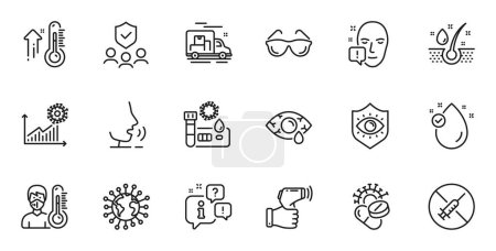 Illustration for Outline set of Coronavirus, Electronic thermometer and Coronavirus pills line icons for web application. Talk, information, delivery truck outline icon. Vector - Royalty Free Image