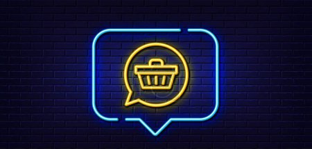 Téléchargez les illustrations : Neon light speech bubble. Dreaming of Gift line icon. Present box sign. Birthday Shopping symbol. Package in Gift Wrap. Neon light background. Shopping cart glow line. Brick wall banner. Vector - en licence libre de droit