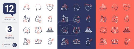 Téléchargez les illustrations : Set of Cyber attack, Teamwork and Growth chart line icons. Include Brand ambassador, Meeting, People vaccination icons. Yummy smile, Video conference, Employees talk web elements. Vector - en licence libre de droit
