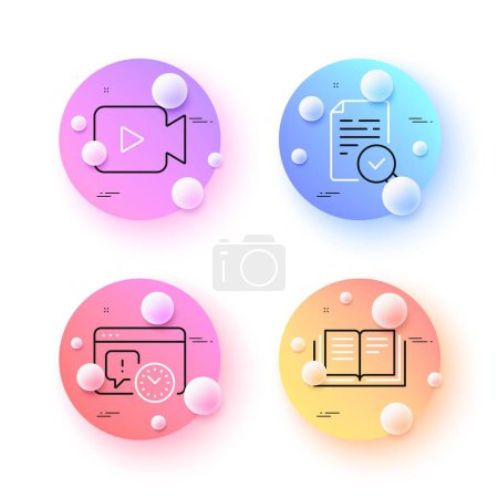 Illustration for Inspect, Video camera and Education minimal line icons. 3d spheres or balls buttons. Project deadline icons. For web, application, printing. Vector - Royalty Free Image