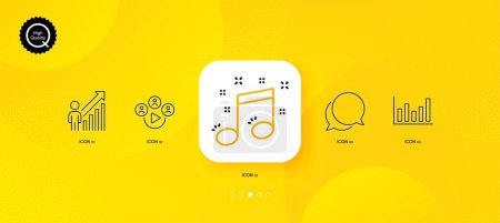 Ilustración de Video conference, Column chart and Chat message minimal line icons. Yellow abstract background. Employee result, Musical note icons. For web, application, printing. Vector - Imagen libre de derechos