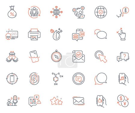 Téléchargez les illustrations : Technology icons set. Included icon as Print image, Video conference and Messenger web elements. Smartphone target, Travel compass, Stop talking icons. Food app, Currency exchange. Vector - en licence libre de droit