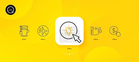 Téléchargez les illustrations : Blood donation, Flight mode and Energy minimal line icons. Yellow abstract background. Buy currency, Tea icons. For web, application, printing. Vector - en licence libre de droit