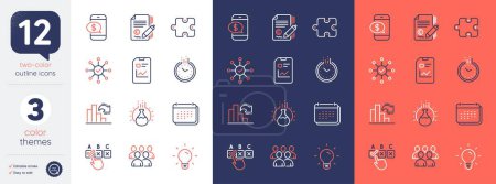 Illustration for Set of Time, Survey check and Correct checkbox line icons. Include Chemistry experiment, Phone payment, Report document icons. Copywriting, Calendar, Puzzle web elements. Bicolor outline icon. Vector - Royalty Free Image