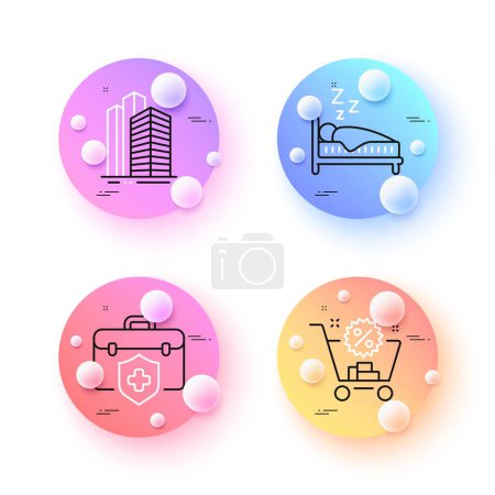 Illustration for Sleep, Skyscraper buildings and Shopping cart minimal line icons. 3d spheres or balls buttons. Medical insurance icons. For web, application, printing. Vector - Royalty Free Image