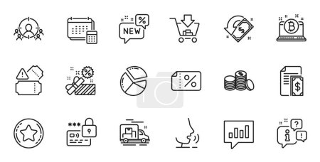 Téléchargez les illustrations : Outline set of Banking money, Pie chart and Bitcoin line icons for web application. Talk, information, delivery truck outline icon. Include Lock, New, Account icons. Vector - en licence libre de droit