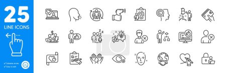 Illustration for Outline icons set. Bitcoin project, Social care and Friends chat icons. Lock, Wallet, Electronic thermometer web elements. Global business, Budget accounting, Touchscreen gesture signs. Vector - Royalty Free Image
