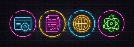 Illustration for Globe, Seo targeting and Agreement document minimal line icons. Neon laser 3d lights. Atom icons. For web, application, printing. Internet world, Performance, Legal contract. Electron. Vector - Royalty Free Image