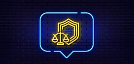 Illustration for Neon light speech bubble. Justice scales line icon. Judgement scale sign. Law protection symbol. Neon light background. Justice scales glow line. Brick wall banner. Vector - Royalty Free Image