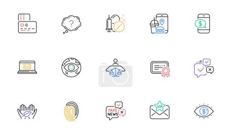 Illustration for Court judge, Question mark and Certificate line icons for website, printing. Collection of Fingerprint, Fake news, E-mail icons. Online voting, Business vision, Card web elements. Vector - Royalty Free Image