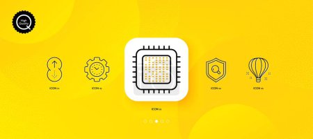 Ilustración de Inspect, Cpu processor and Time management minimal line icons. Yellow abstract background. Air balloon, Swipe up icons. For web, application, printing. Vector - Imagen libre de derechos
