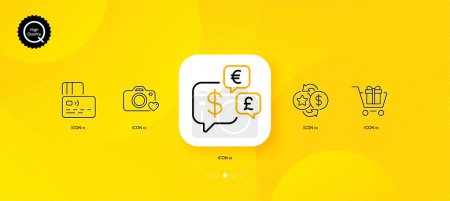Téléchargez les illustrations : Loyalty points, Money currency and Photo camera minimal line icons. Yellow abstract background. Shopping cart, Card icons. For web, application, printing. Vector - en licence libre de droit