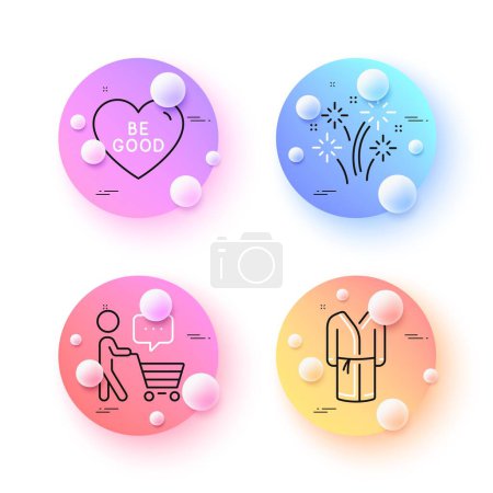 Illustration for Fireworks, Buyer think and Bathrobe minimal line icons. 3d spheres or balls buttons. Be good icons. For web, application, printing. Pyrotechnic salute, Shopping cart, Bath housecoat. Vector - Royalty Free Image