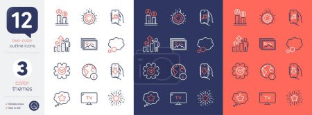 Illustration for Set of Internet, Ab testing and Music app line icons. Include Image gallery, Twinkle star, Tv icons. Talk bubble, Cogwheel, Download app web elements. Employee results, Gear, Loyalty star. Vector - Royalty Free Image